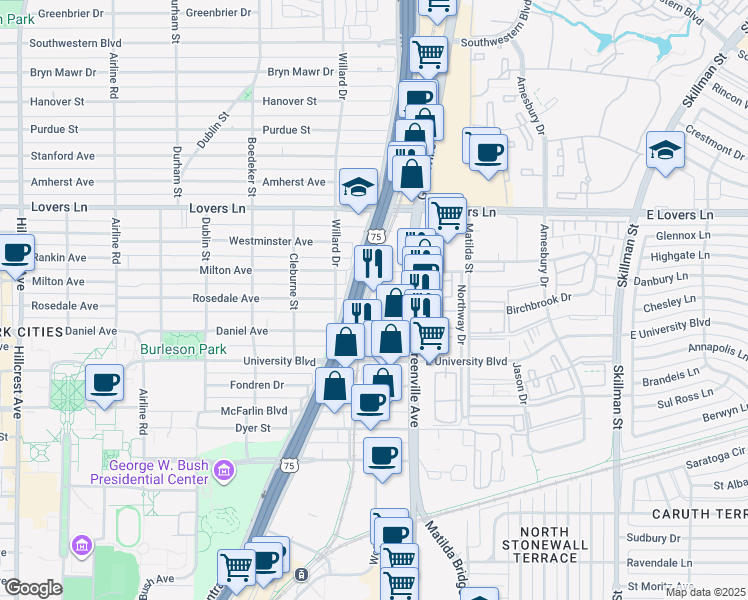 map of restaurants, bars, coffee shops, grocery stores, and more near 2621 Milton Avenue in Dallas
