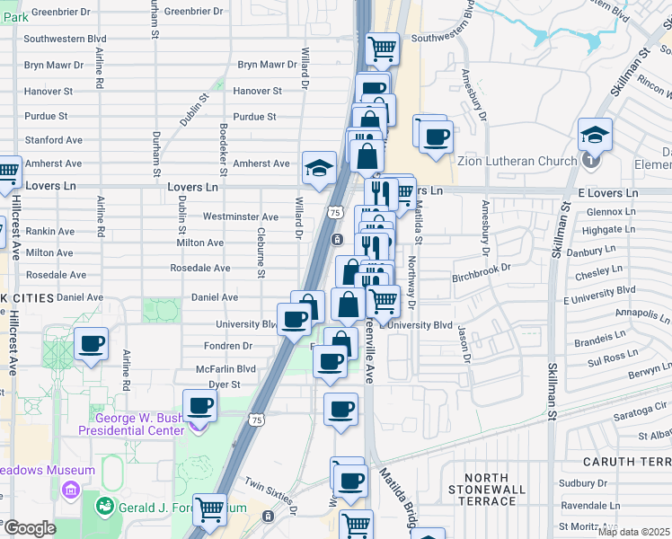 map of restaurants, bars, coffee shops, grocery stores, and more near 6688 North Central Expressway in Dallas