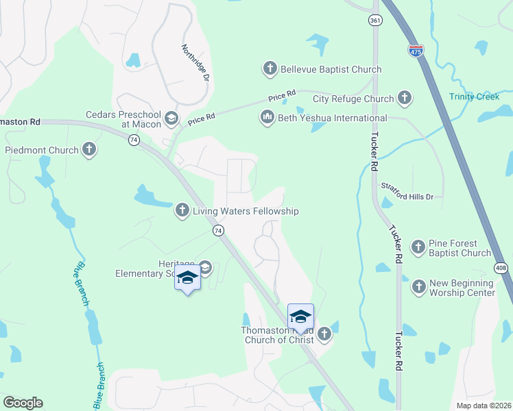 map of restaurants, bars, coffee shops, grocery stores, and more near 220 York Lane in Macon