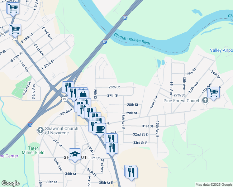 map of restaurants, bars, coffee shops, grocery stores, and more near 1810 26th Street in Valley