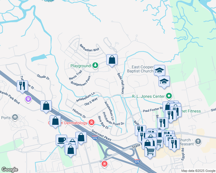 map of restaurants, bars, coffee shops, grocery stores, and more near 374 Jardinere Walk in Mount Pleasant