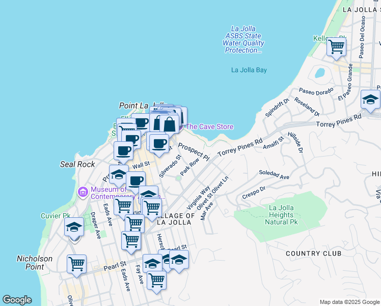 map of restaurants, bars, coffee shops, grocery stores, and more near 7934 Prospect Place in San Diego