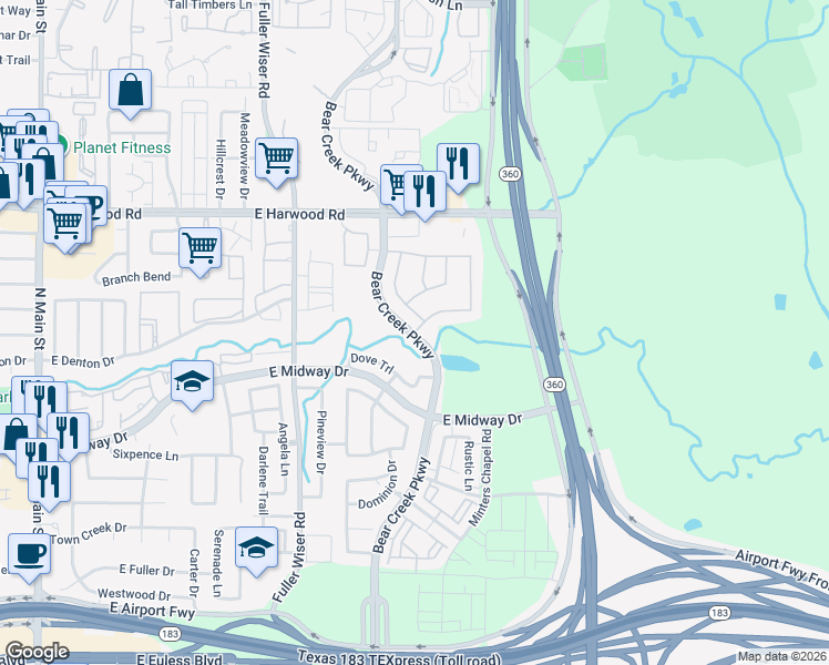 map of restaurants, bars, coffee shops, grocery stores, and more near 1002 Canyon Oak Drive in Euless