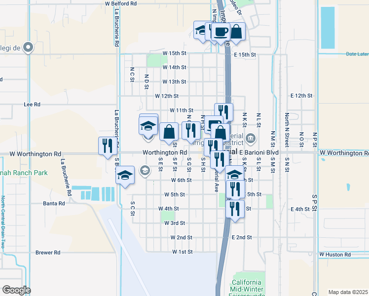map of restaurants, bars, coffee shops, grocery stores, and more near 323 West 9 Th Street in Imperial