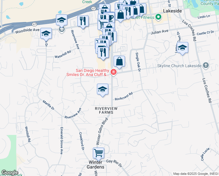 map of restaurants, bars, coffee shops, grocery stores, and more near 9413 Winter Gardens Boulevard in Lakeside
