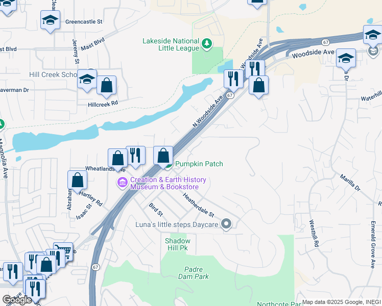 map of restaurants, bars, coffee shops, grocery stores, and more near 11311 Woodside Avenue in Santee