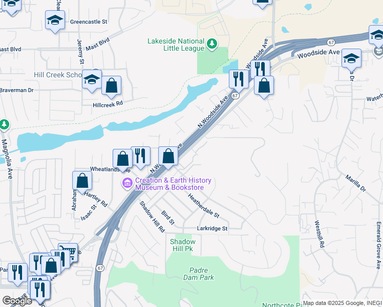 map of restaurants, bars, coffee shops, grocery stores, and more near 11311 Woodside Avenue in Santee