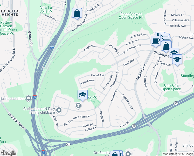 map of restaurants, bars, coffee shops, grocery stores, and more near 5854 Lamas Street in San Diego