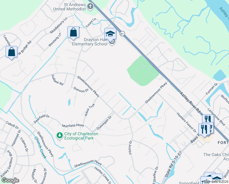 map of restaurants, bars, coffee shops, grocery stores, and more near 12 Glengary Court in Charleston