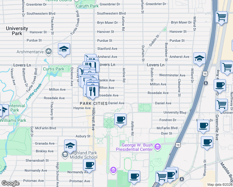 map of restaurants, bars, coffee shops, grocery stores, and more near 3236 Milton Avenue in Dallas