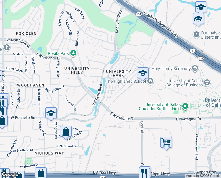 map of restaurants, bars, coffee shops, grocery stores, and more near 3214 University Park Lane in Irving