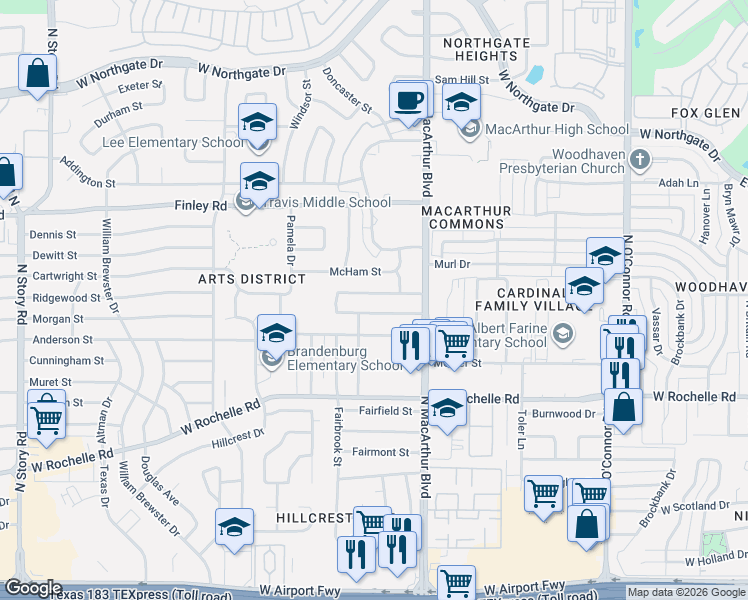 map of restaurants, bars, coffee shops, grocery stores, and more near 1306 McHam Street in Irving
