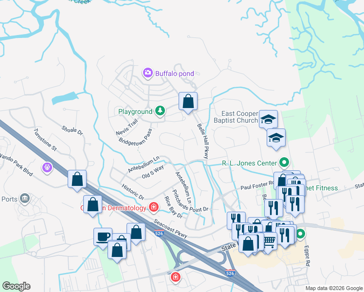 map of restaurants, bars, coffee shops, grocery stores, and more near 286 Jardinere Walk in Mount Pleasant