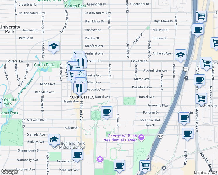map of restaurants, bars, coffee shops, grocery stores, and more near 3200 Milton Avenue in Dallas