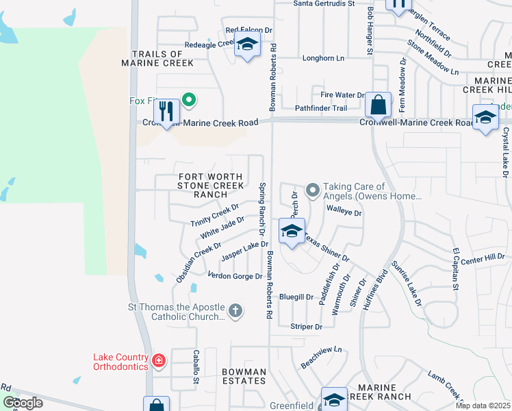 map of restaurants, bars, coffee shops, grocery stores, and more near 6217 Trinity Creek Drive in Fort Worth