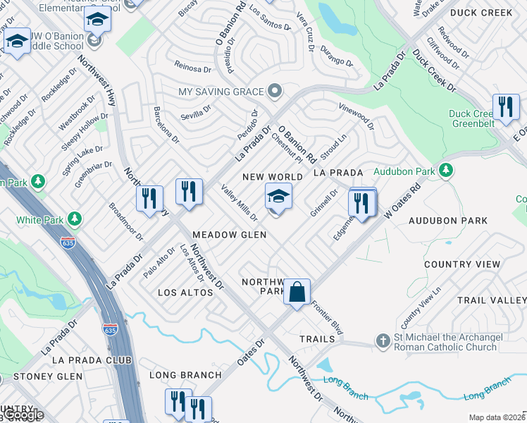 map of restaurants, bars, coffee shops, grocery stores, and more near 625 Oxford Park in Garland