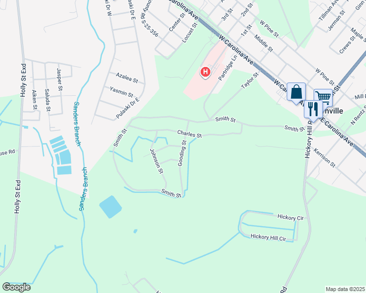 map of restaurants, bars, coffee shops, grocery stores, and more near Gooding Street in Varnville