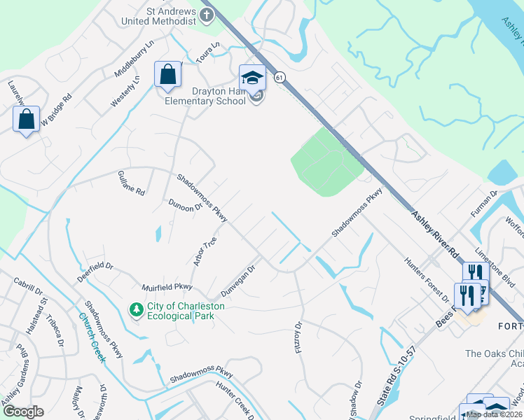 map of restaurants, bars, coffee shops, grocery stores, and more near 12 Glengary Court in Charleston