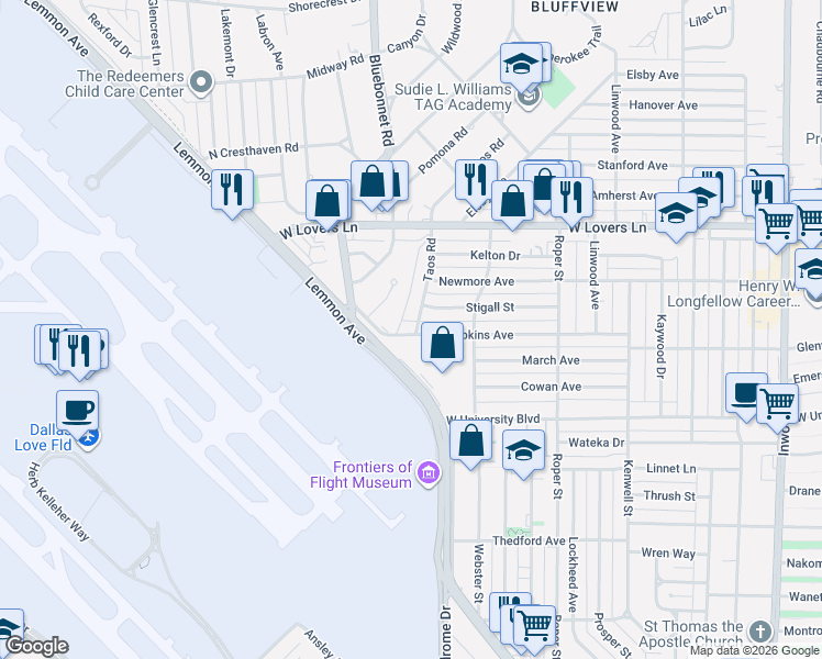map of restaurants, bars, coffee shops, grocery stores, and more near 4337 Hopkins Avenue in Dallas