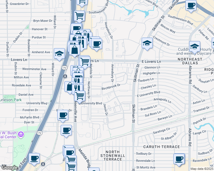 map of restaurants, bars, coffee shops, grocery stores, and more near 5919 Birchbrook Drive in Dallas