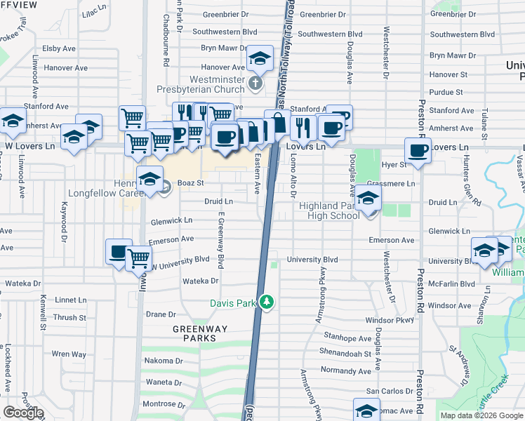 map of restaurants, bars, coffee shops, grocery stores, and more near 7518 Eastern Avenue in Dallas