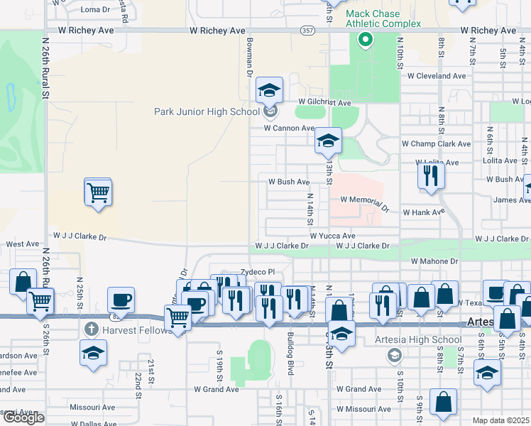 map of restaurants, bars, coffee shops, grocery stores, and more near 612-698 North 16th Street in Artesia