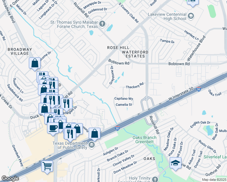 map of restaurants, bars, coffee shops, grocery stores, and more near 810 Graystone Drive in Garland