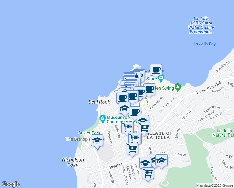 map of restaurants, bars, coffee shops, grocery stores, and more near 102 Coast Boulevard in San Diego