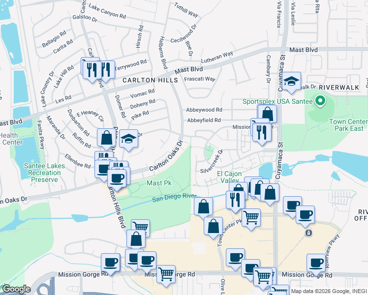 map of restaurants, bars, coffee shops, grocery stores, and more near 9451 Carlton Oaks Drive in Santee