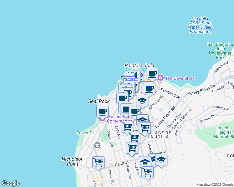 map of restaurants, bars, coffee shops, grocery stores, and more near 939 Coast Boulevard in San Diego