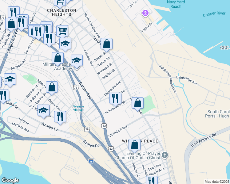 map of restaurants, bars, coffee shops, grocery stores, and more near 1937 Clements Avenue in North Charleston