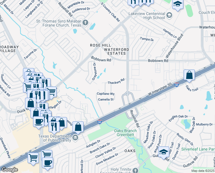 map of restaurants, bars, coffee shops, grocery stores, and more near 105 Thackery Road in Garland