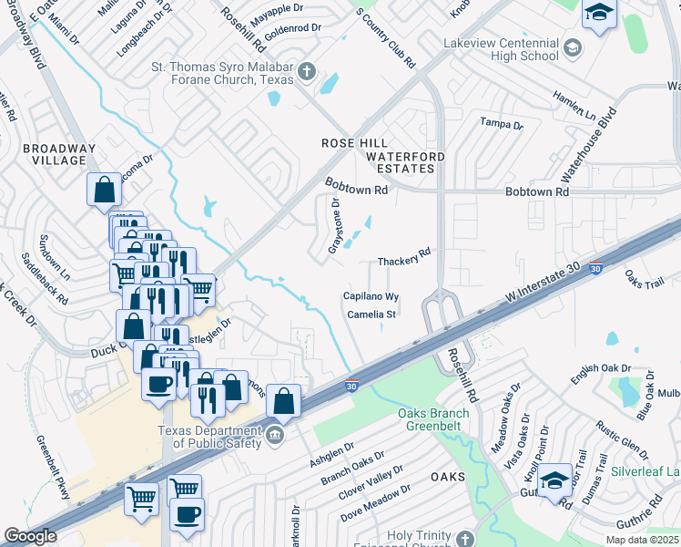 map of restaurants, bars, coffee shops, grocery stores, and more near 810 Graystone Drive in Garland