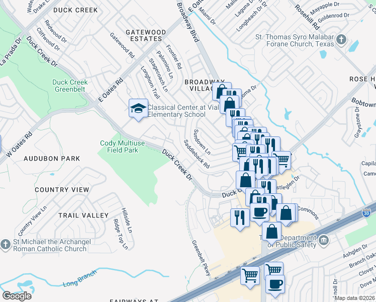 map of restaurants, bars, coffee shops, grocery stores, and more near 5502 Sundown Lane in Garland