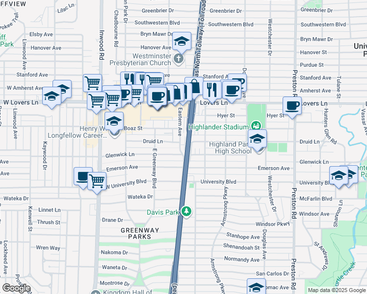 map of restaurants, bars, coffee shops, grocery stores, and more near 7524 Eastern Avenue in Dallas