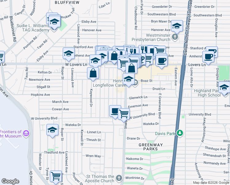 map of restaurants, bars, coffee shops, grocery stores, and more near 7602 Morton Street in Dallas
