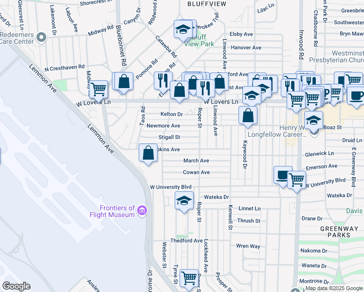 map of restaurants, bars, coffee shops, grocery stores, and more near 4614 Stigall Street in Dallas