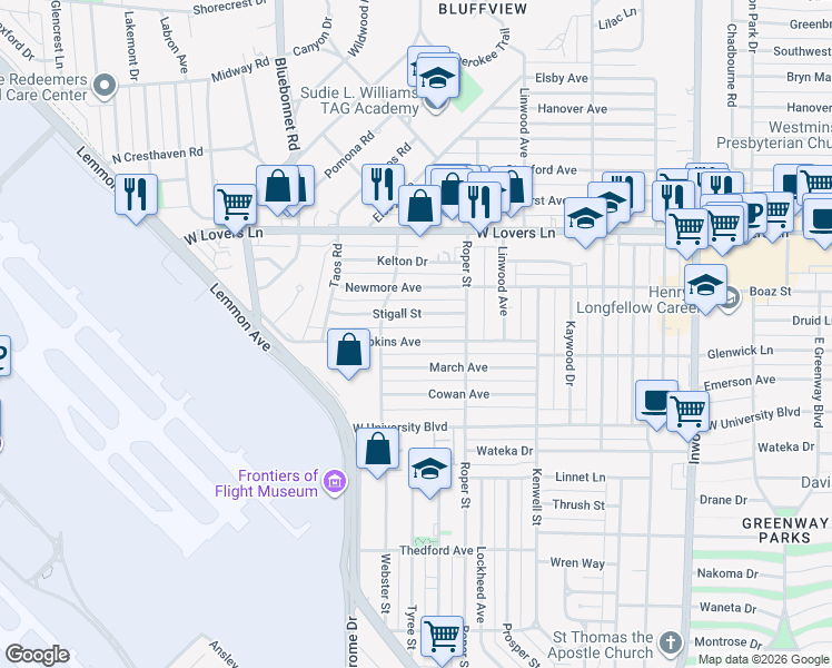 map of restaurants, bars, coffee shops, grocery stores, and more near 4522 Stigall Drive in Dallas