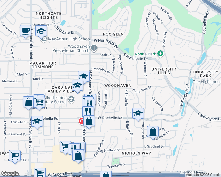 map of restaurants, bars, coffee shops, grocery stores, and more near 3307 Dartmouth Drive in Irving