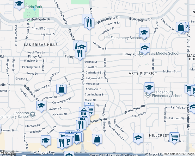 map of restaurants, bars, coffee shops, grocery stores, and more near in Irving