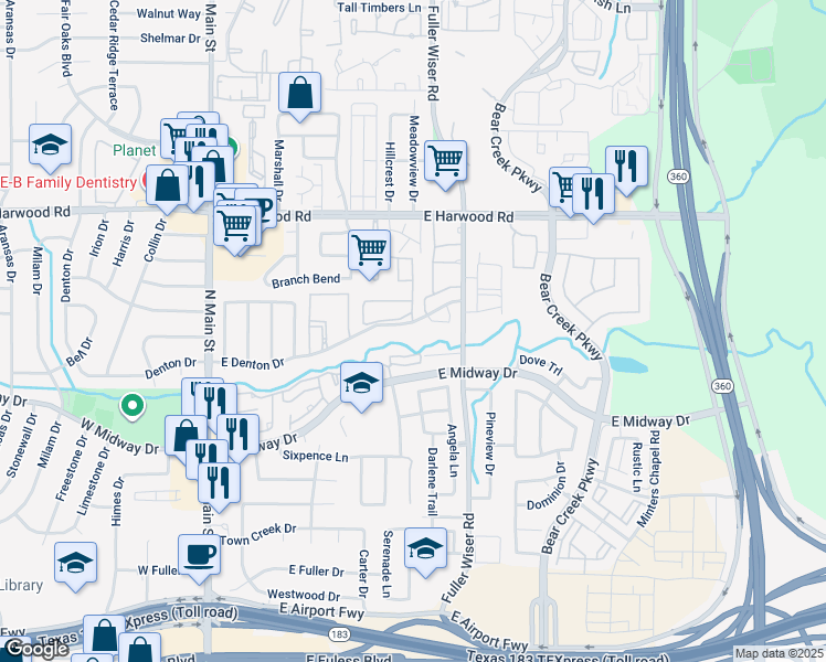 map of restaurants, bars, coffee shops, grocery stores, and more near 802 Palomino Drive in Euless
