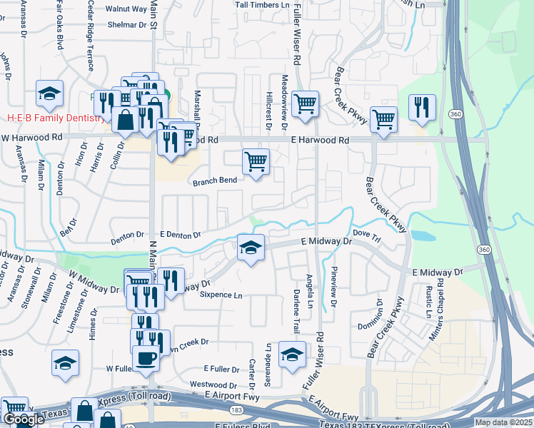 map of restaurants, bars, coffee shops, grocery stores, and more near 411 Stage Line Drive in Euless
