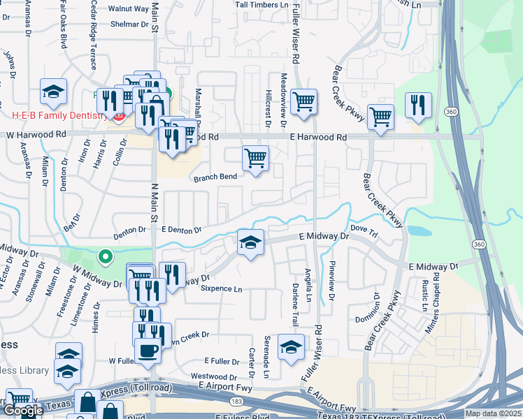 map of restaurants, bars, coffee shops, grocery stores, and more near 411 Stage Line Drive in Euless