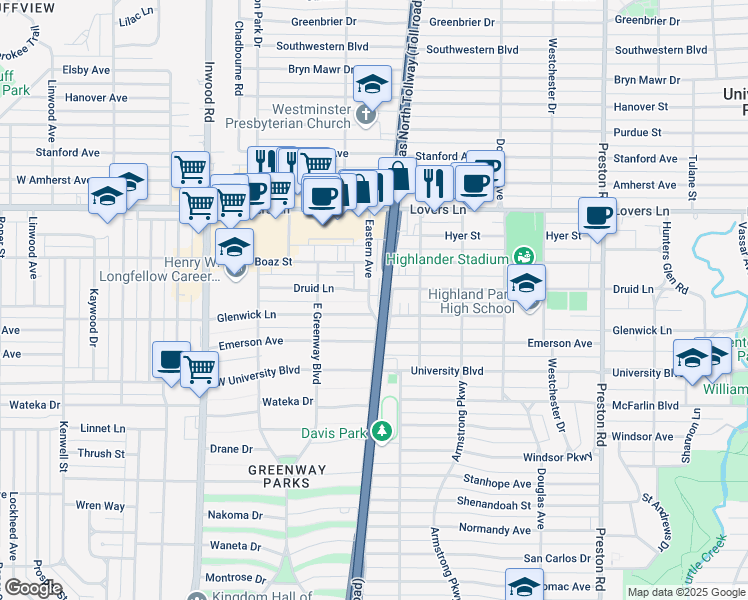 map of restaurants, bars, coffee shops, grocery stores, and more near 7518 Eastern Avenue in Dallas