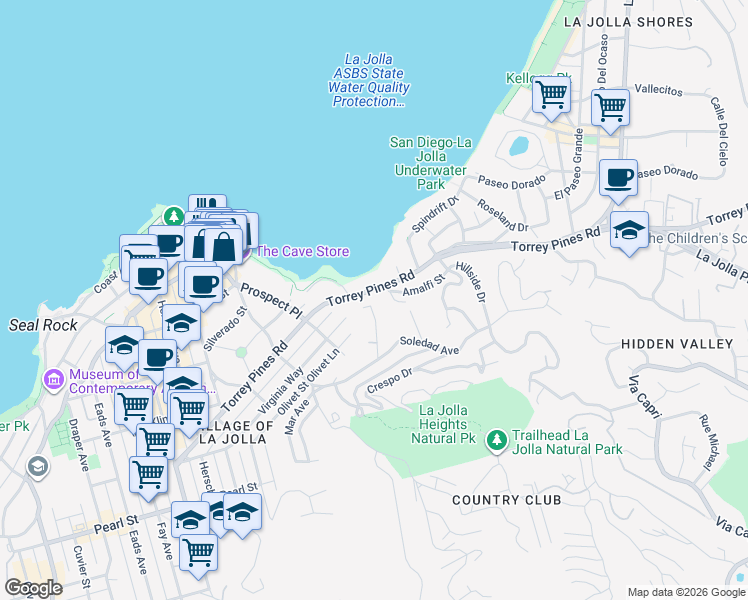 map of restaurants, bars, coffee shops, grocery stores, and more near 1640 Ludington Lane in San Diego