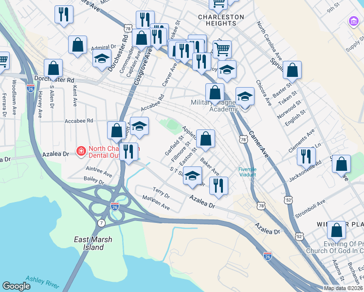 map of restaurants, bars, coffee shops, grocery stores, and more near 2149 Garfield Street in North Charleston