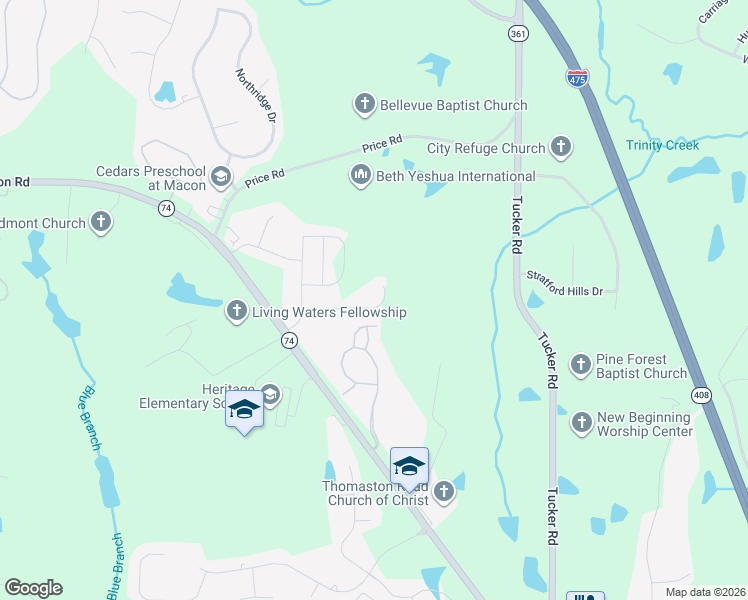 map of restaurants, bars, coffee shops, grocery stores, and more near 256 York Lane in Macon