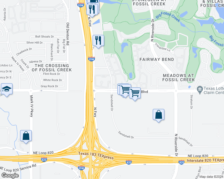 map of restaurants, bars, coffee shops, grocery stores, and more near 5700 Sandshell Circle East in Fort Worth