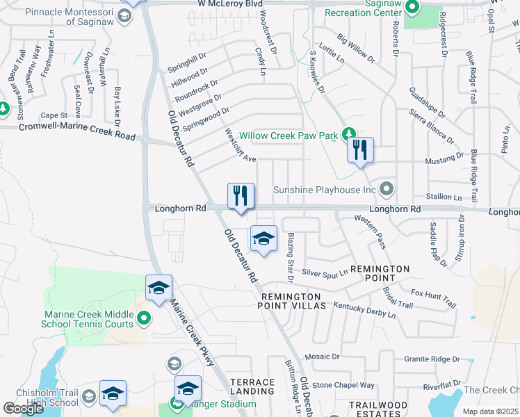 map of restaurants, bars, coffee shops, grocery stores, and more near 1105 Longhorn Road in Fort Worth