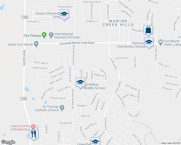 map of restaurants, bars, coffee shops, grocery stores, and more near 6153 Tilapia Drive in Fort Worth